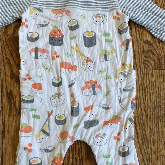 Grey/white stripe, sushi print Angel Dear bamboo once piece pj with snaps, 3-6M - Picture 10 of 15